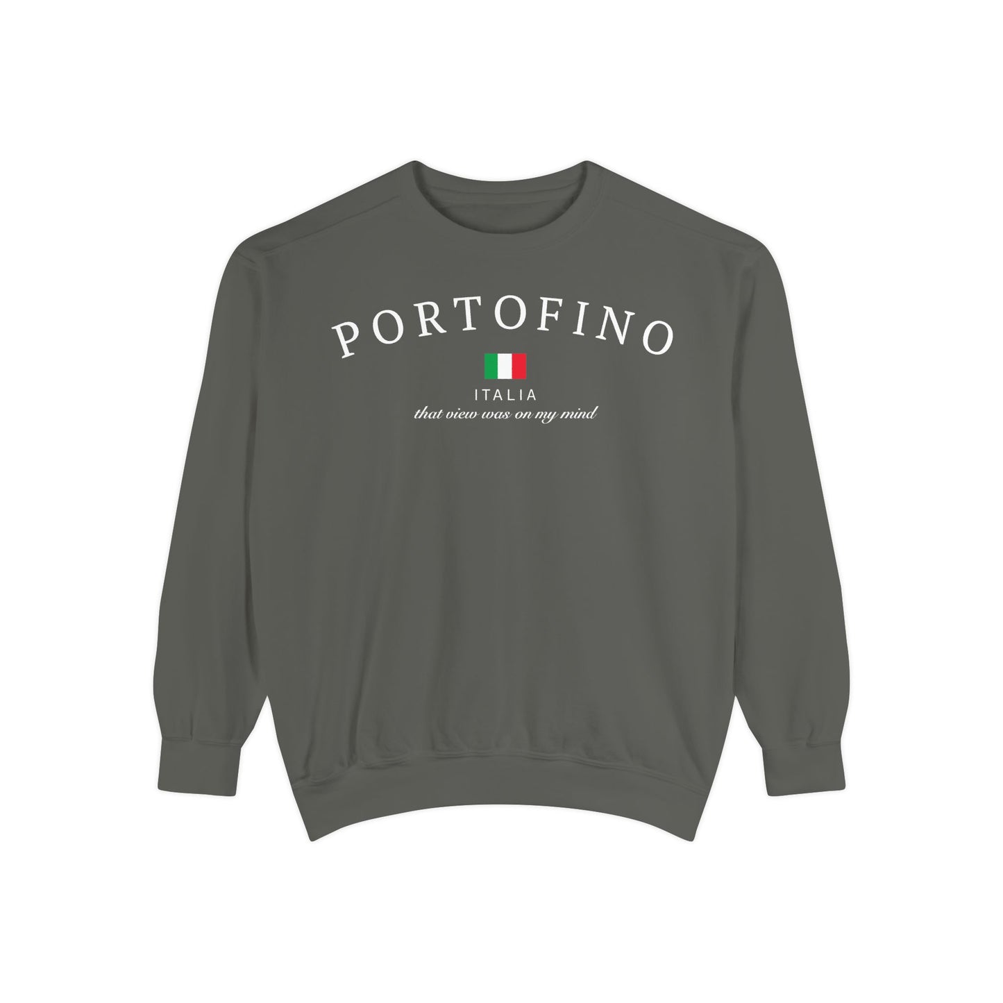 Portofino Garment-Dyed Sweatshirt, Cozy Travel Sweatshirt, Italian Souvenir Sweater, Unisex Fashion Sweatshirt, Gift for Travelers