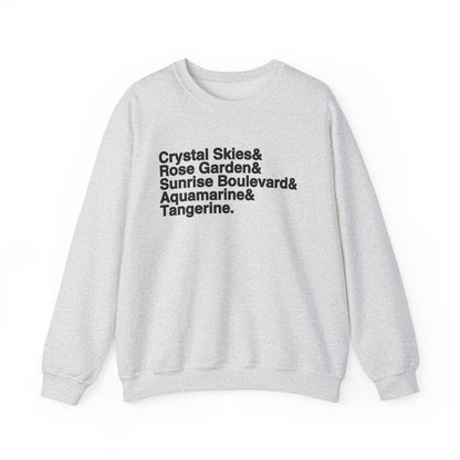 Crystal Skies, Rose Gardens, Sunrise Boulevard, Aquamarine and Tangerine Sweater