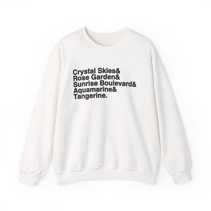 Crystal Skies, Rose Gardens, Sunrise Boulevard, Aquamarine and Tangerine Sweater