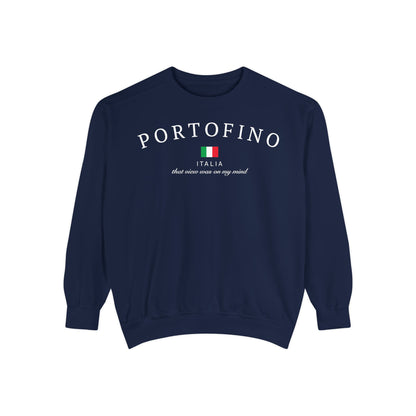 Portofino Garment-Dyed Sweatshirt, Cozy Travel Sweatshirt, Italian Souvenir Sweater, Unisex Fashion Sweatshirt, Gift for Travelers