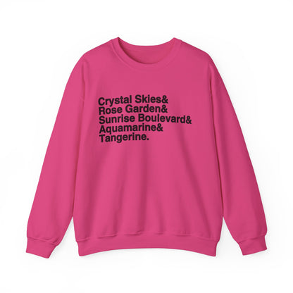 Crystal Skies, Rose Gardens, Sunrise Boulevard, Aquamarine and Tangerine Sweater