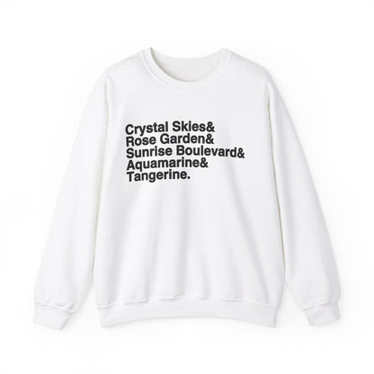 Crystal Skies, Rose Gardens, Sunrise Boulevard, Aquamarine and Tangerine Sweater