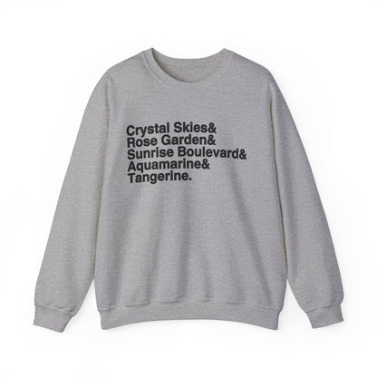 Crystal Skies, Rose Gardens, Sunrise Boulevard, Aquamarine and Tangerine Sweater