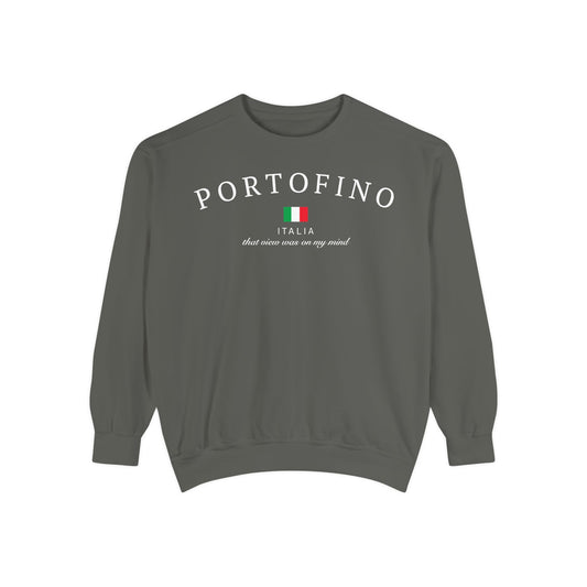 Portofino Garment-Dyed Sweatshirt, Cozy Travel Sweatshirt, Italian Souvenir Sweater, Unisex Fashion Sweatshirt, Gift for Travelers