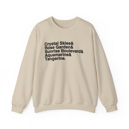 Crystal Skies, Rose Gardens, Sunrise Boulevard, Aquamarine and Tangerine Sweater